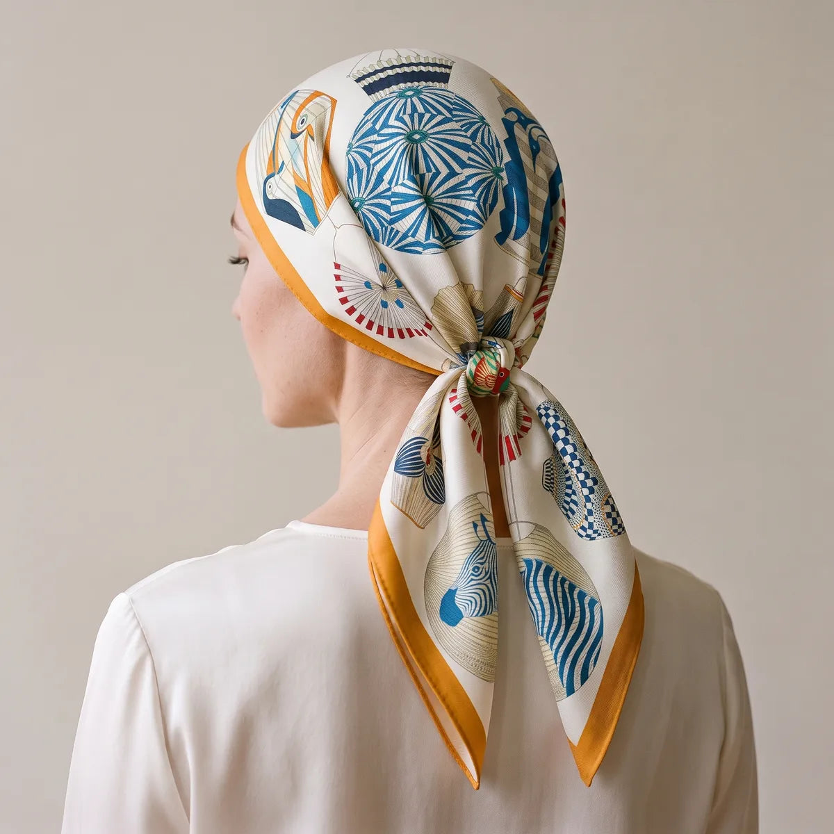 From behind, the lantern square wraps the hair, a blue globe lantern on the back and a nape knot