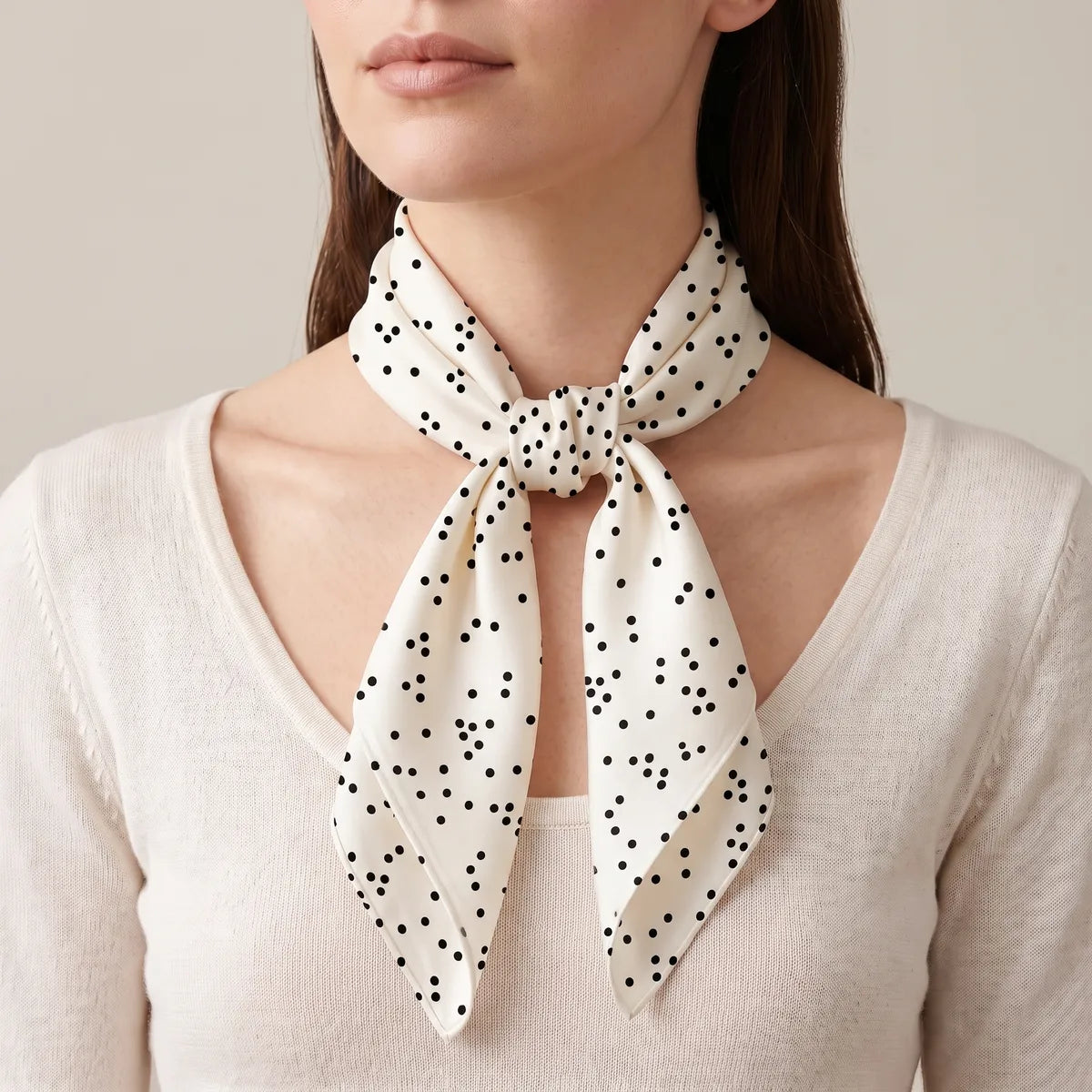 Woman in a cream sweater wearing the polka dot silk square knotted at her throat, two dotted ends hanging