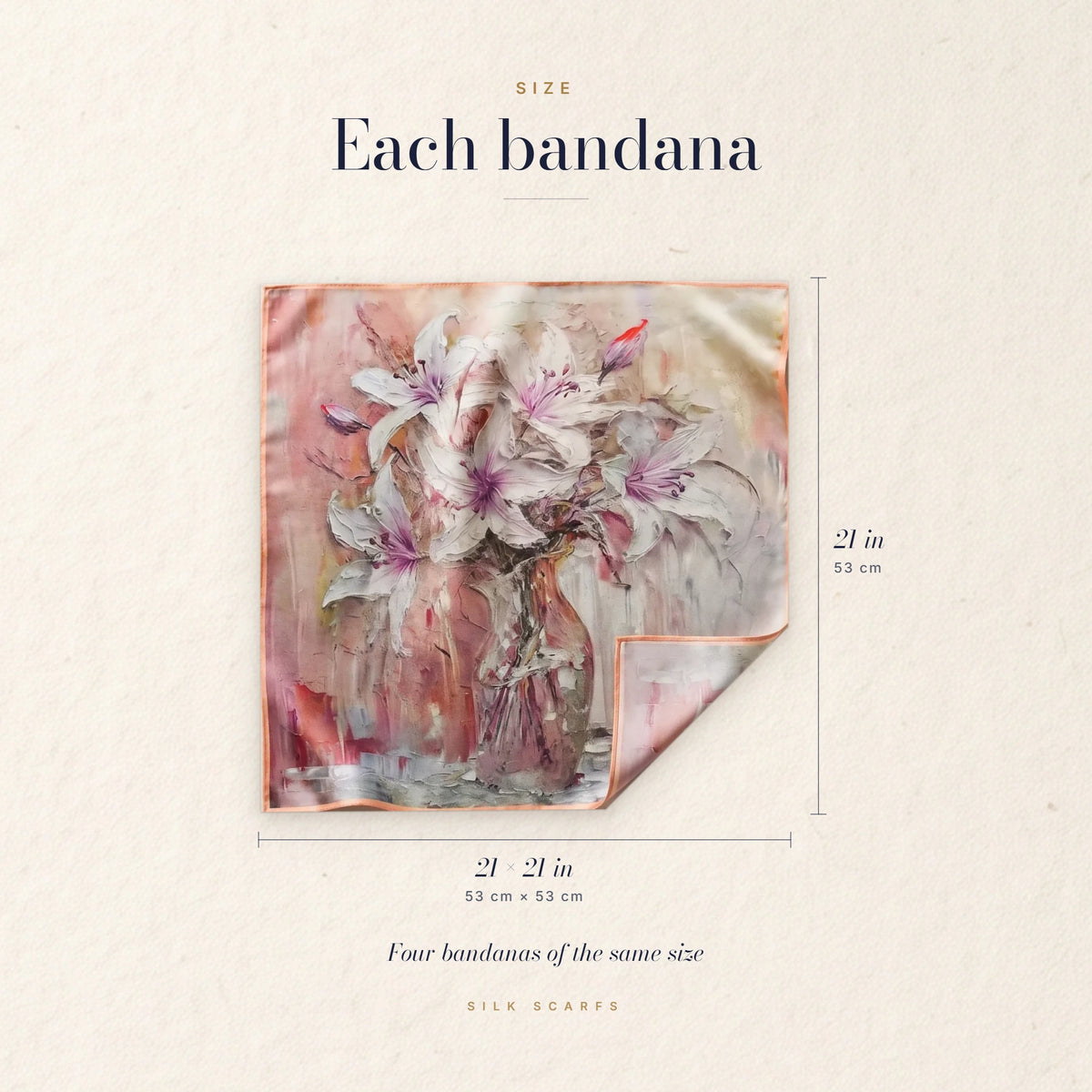 Pink lily floral silk bandana shown with its 21 × 21 in (53 × 53 cm) size