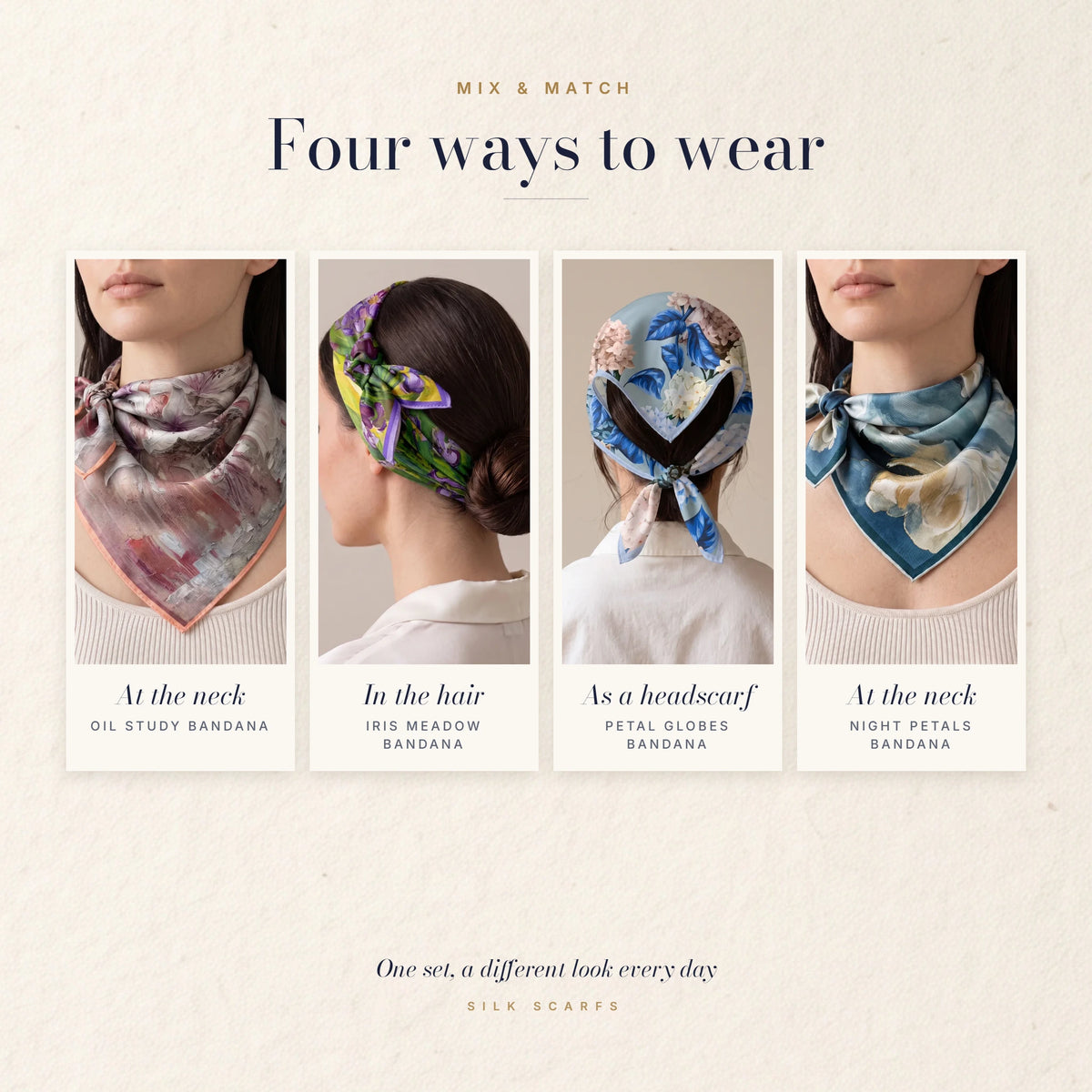 Four floral bandanas worn three ways: two at the neck, one in the hair, one as a headscarf