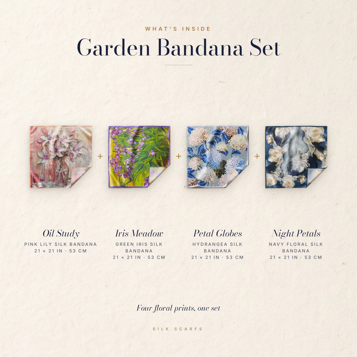 What's inside the Garden Bandana Set: four painted floral bandanas, each 21 × 21 in (53 cm)