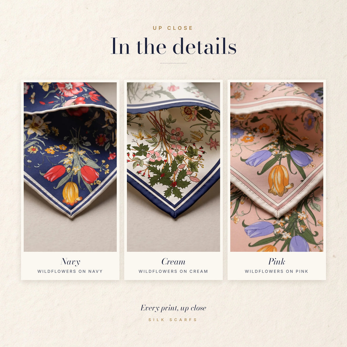 Detail cards showing the wildflowers on navy, on cream and on pink