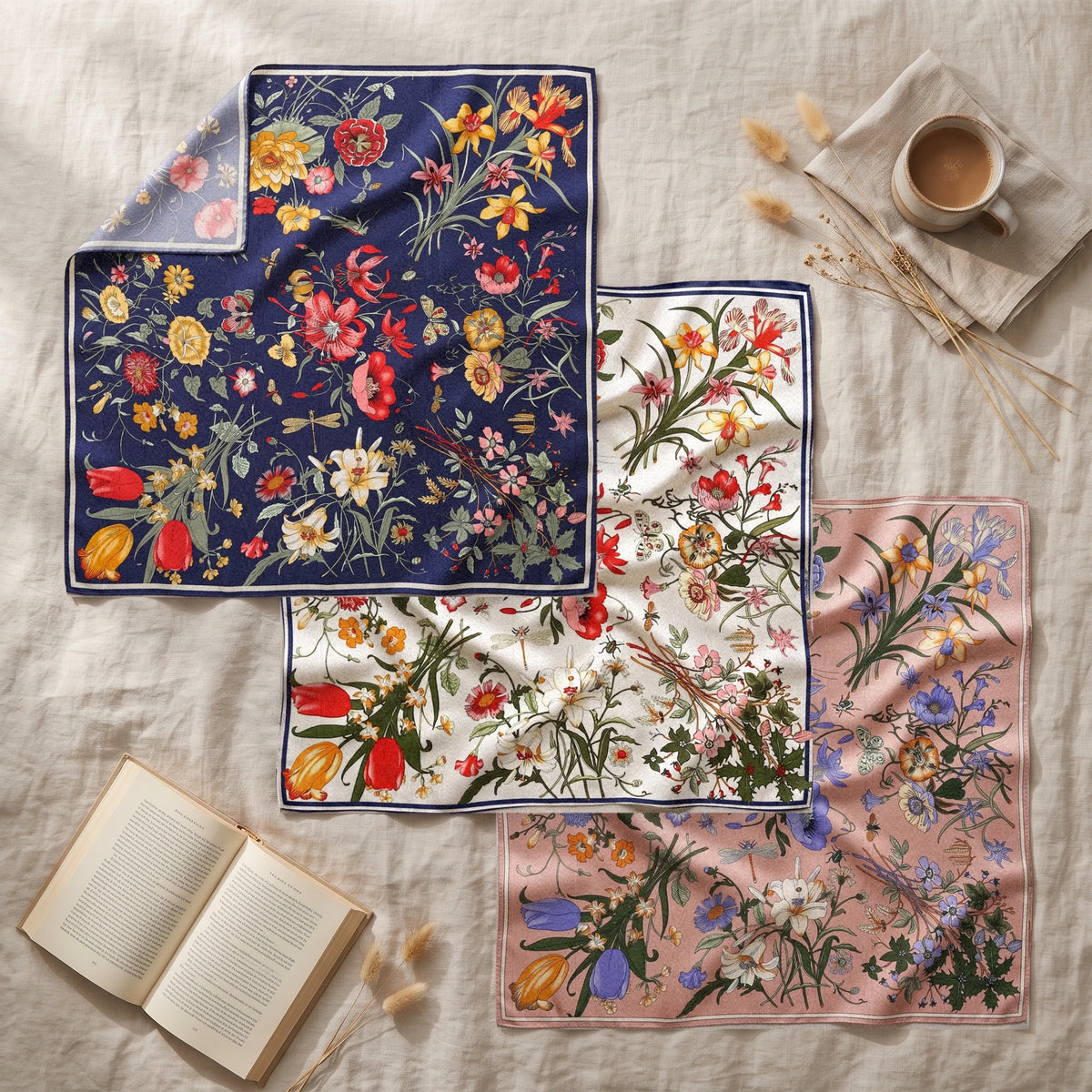 Three botanical floral shawls layered on crumpled linen next to a cup of coffee, an open book and dried grasses