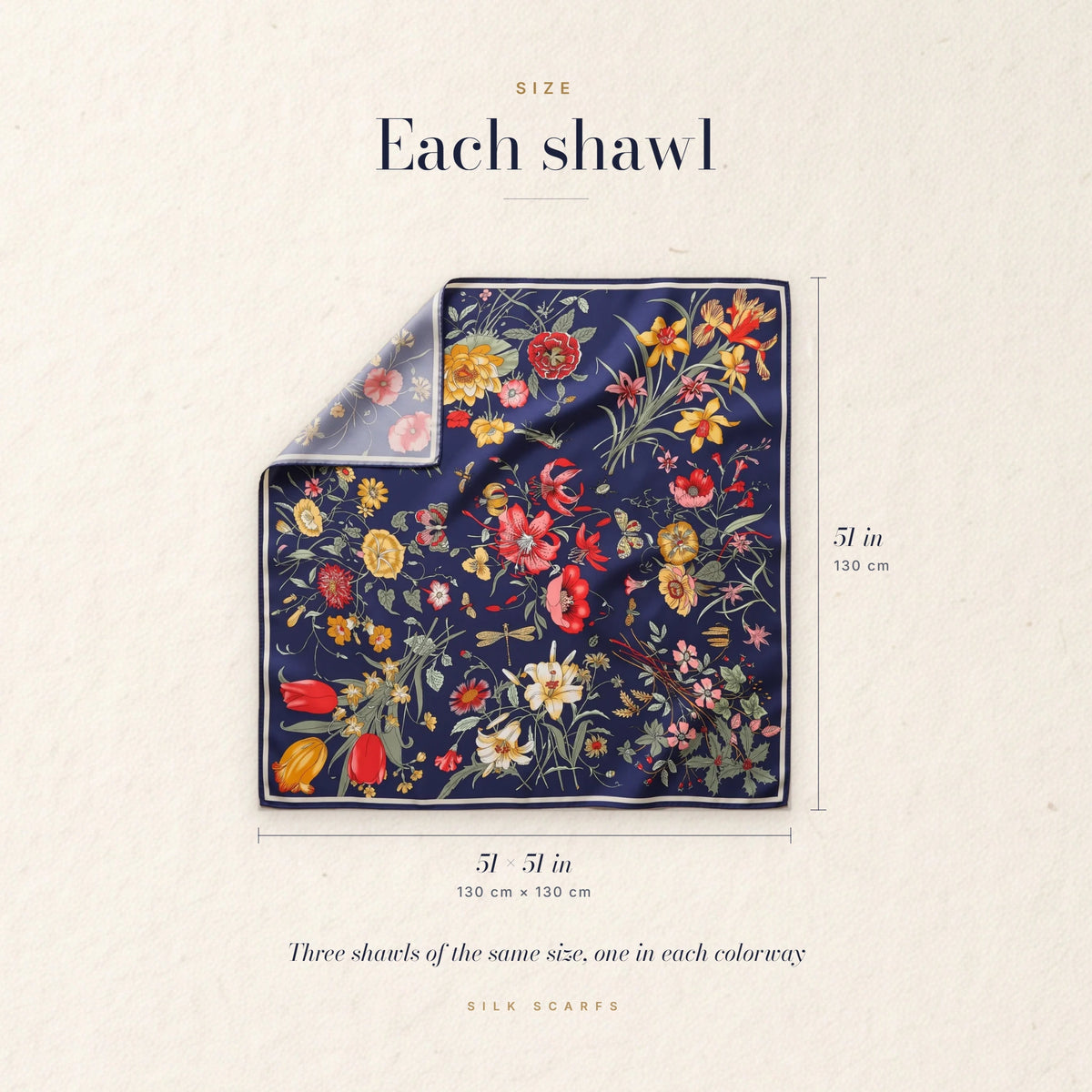 Navy botanical floral silk shawl with its size, 51 × 51 in (130 × 130 cm), marked beside it