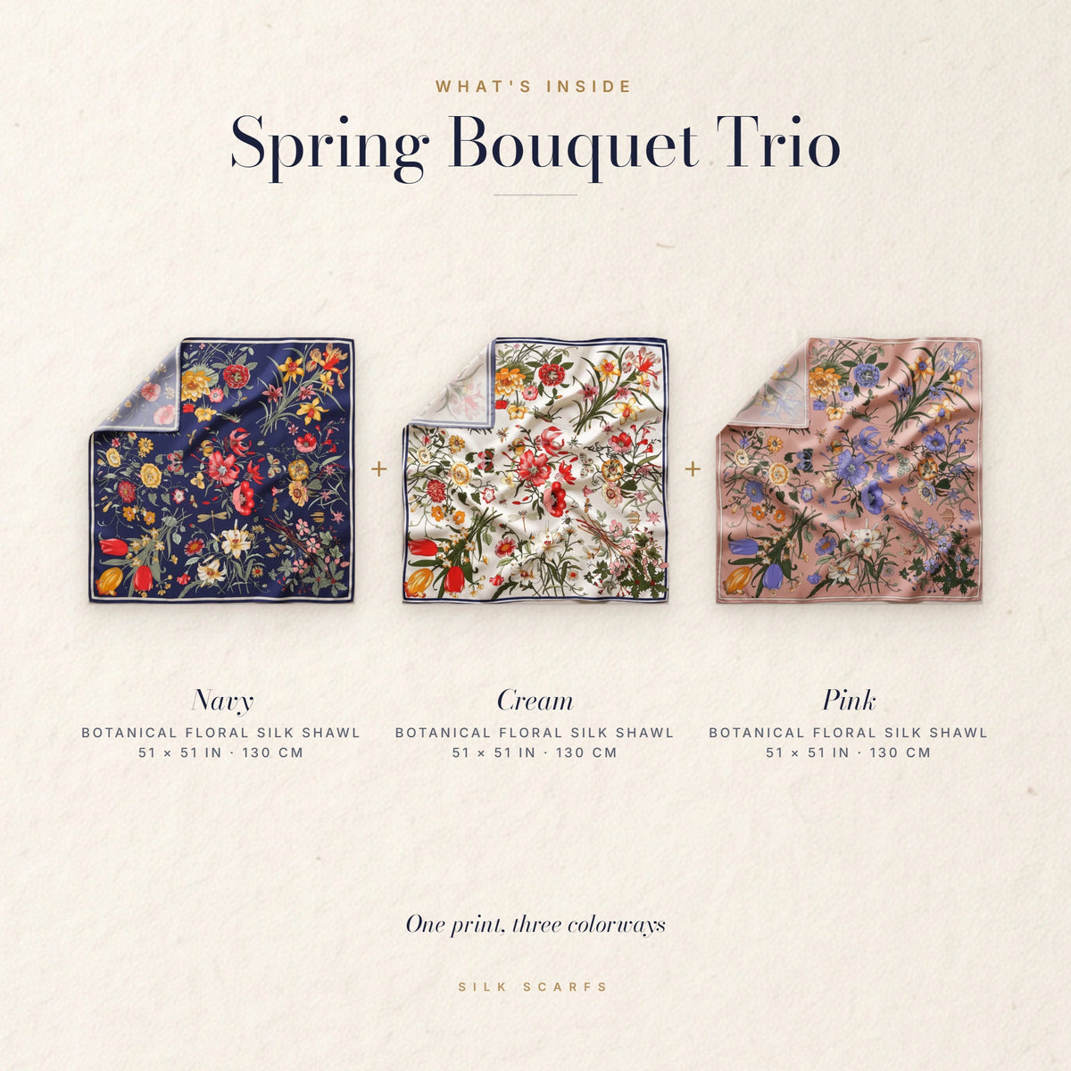What's inside the Spring Bouquet Trio: navy, cream and pink botanical floral shawls, each 51 in (130 cm)