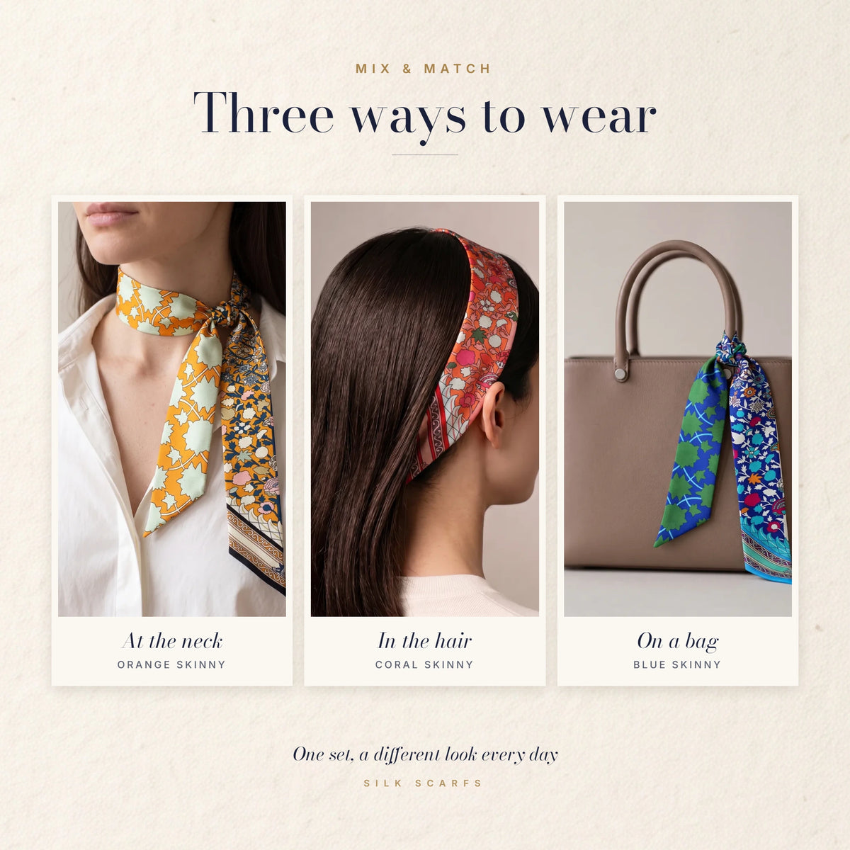 Floral skinny scarf at the neck, another in the hair and a third tied to a handbag