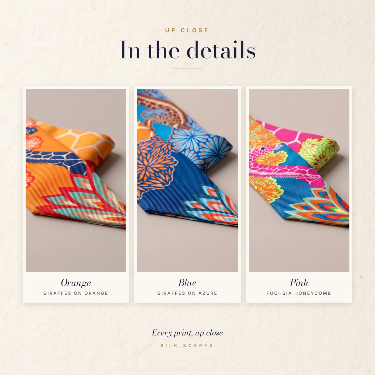 Close-ups of giraffes on orange, giraffes on azure and a fuchsia honeycomb