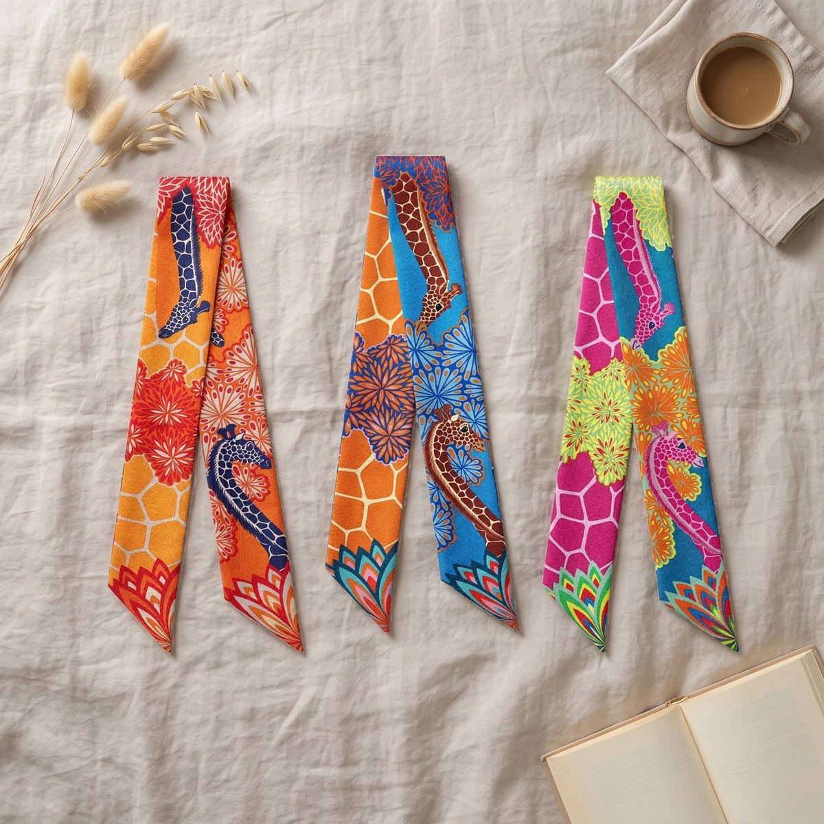 Orange, blue and pink giraffe skinny scarves laid on linen beside a book and a coffee cup