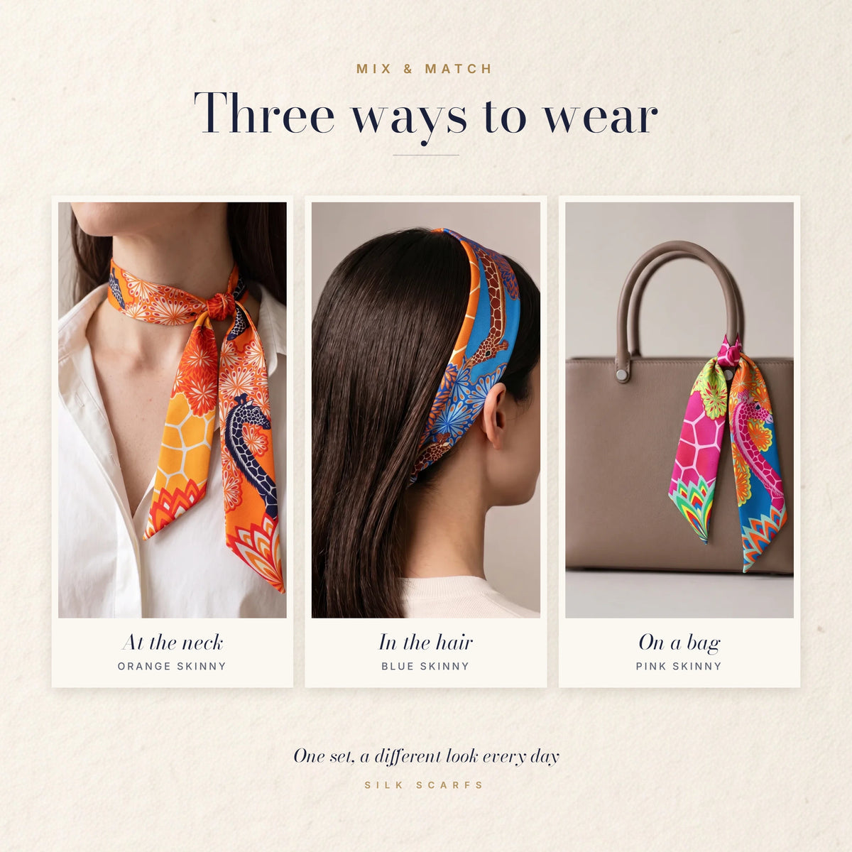Giraffe skinny scarves worn at the neck, tied in the hair and knotted around a bag handle