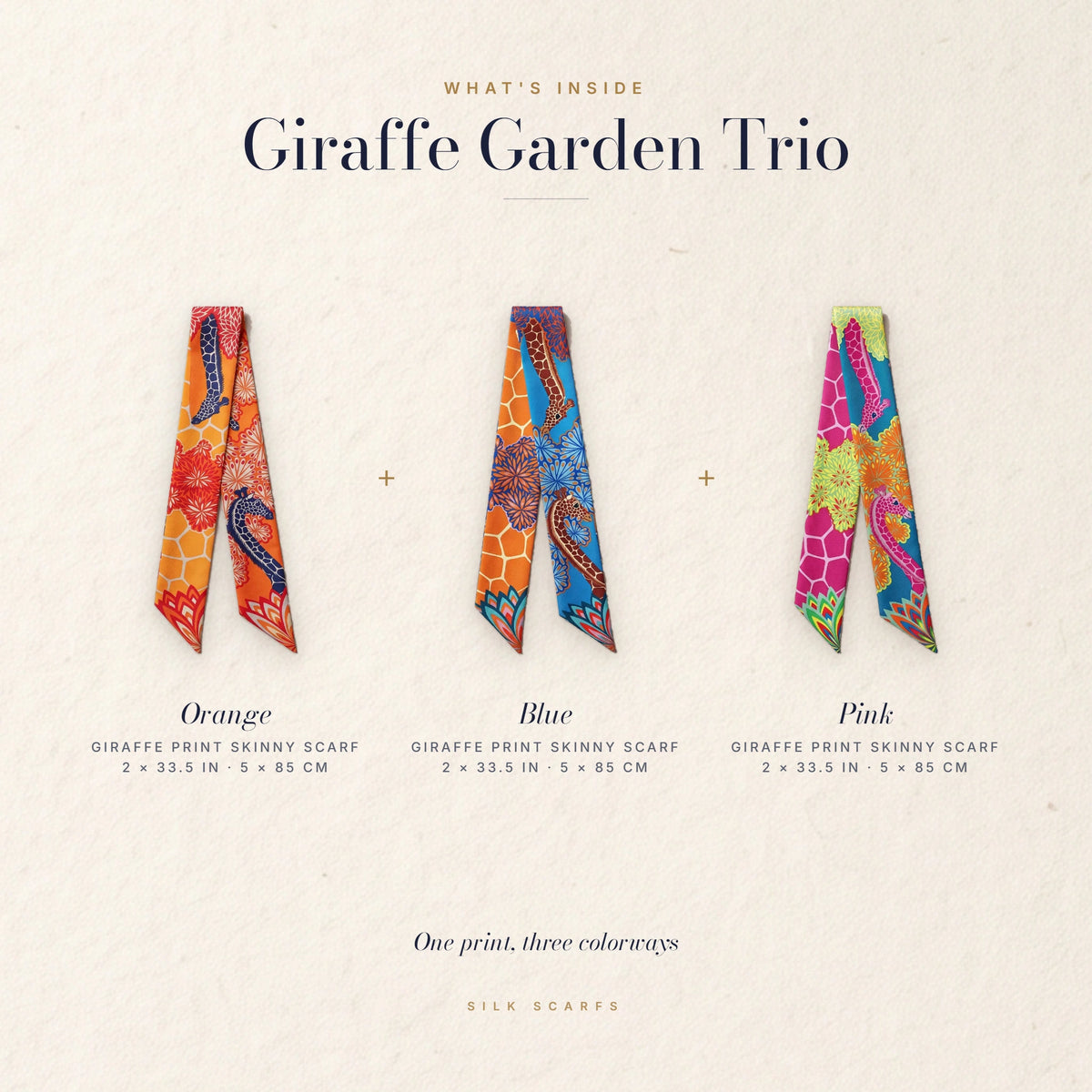 What's inside the Giraffe Garden Trio: orange, blue and pink giraffe skinny scarves, 2 × 33.5 in each