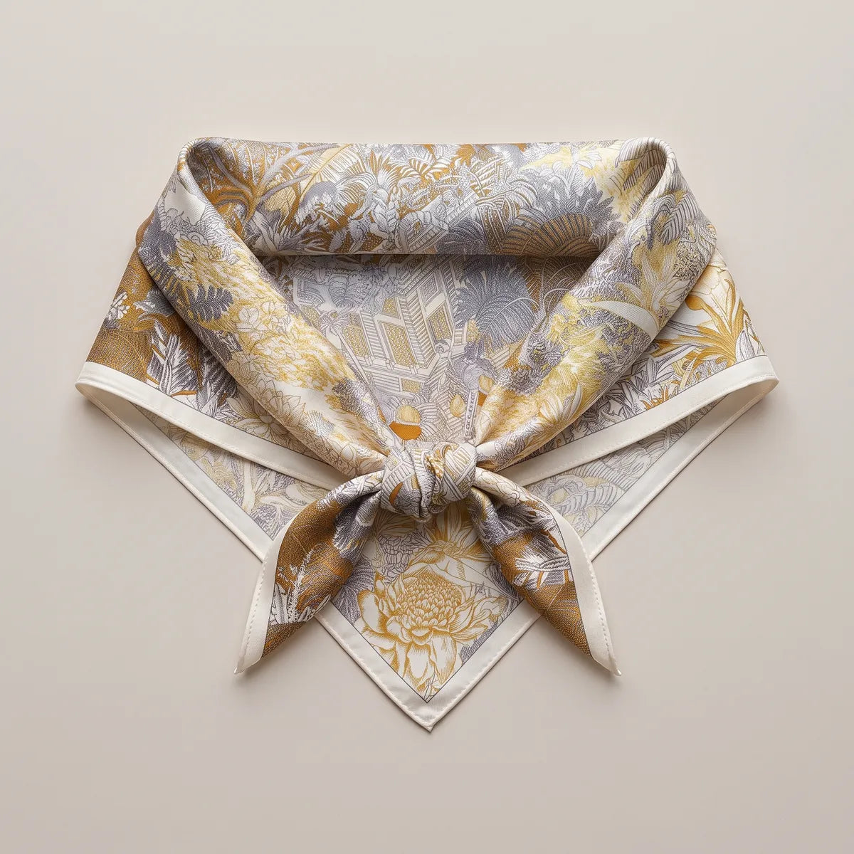 Tropical print silk square knotted into a neckerchief and laid flat, gray and mustard leaves around the knot