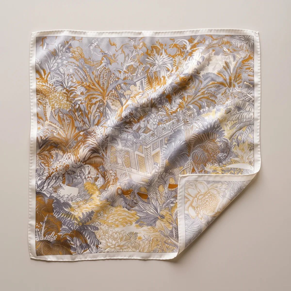 Gray and mustard tropical silk square scarf laid flat: palms, big leaves and a lattice pavilion on cream, cream border