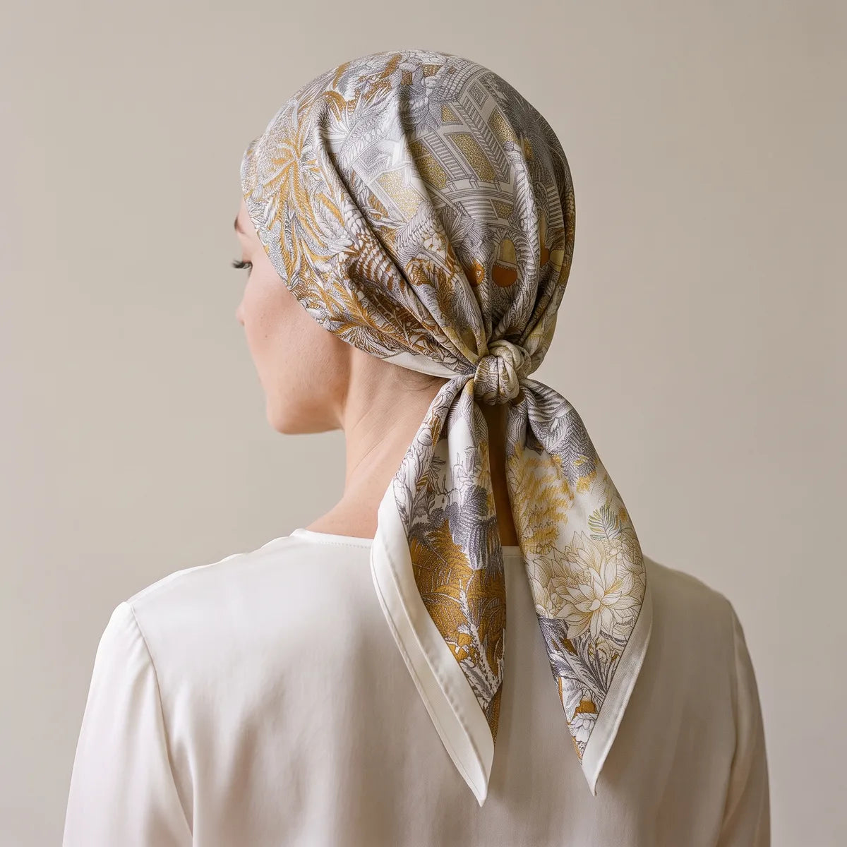 Seen from behind, the tropical square covers the hair and ties at the nape above a white top
