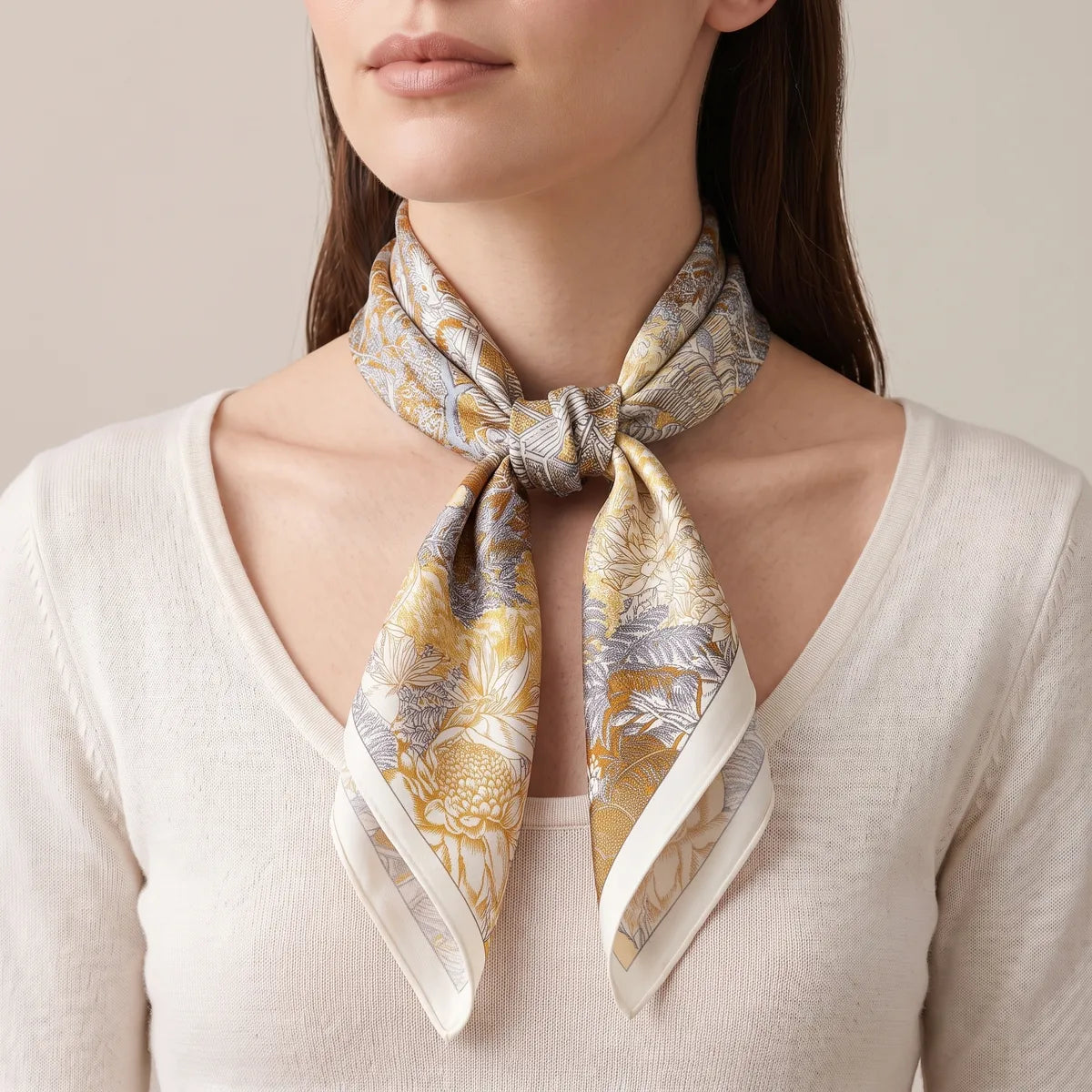 Gray and mustard tropical square knotted close to the neck, leafy tails over a cream sweater