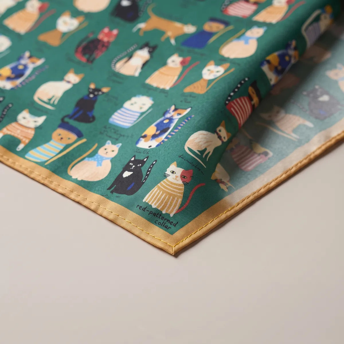 Corner of the cat print bandana with a handwritten note reading "red-patterned collar" beside a striped cat