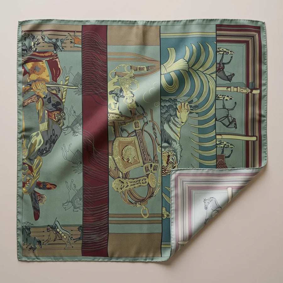 Green Horse Print Large Square Silk Scarf Riding Panels