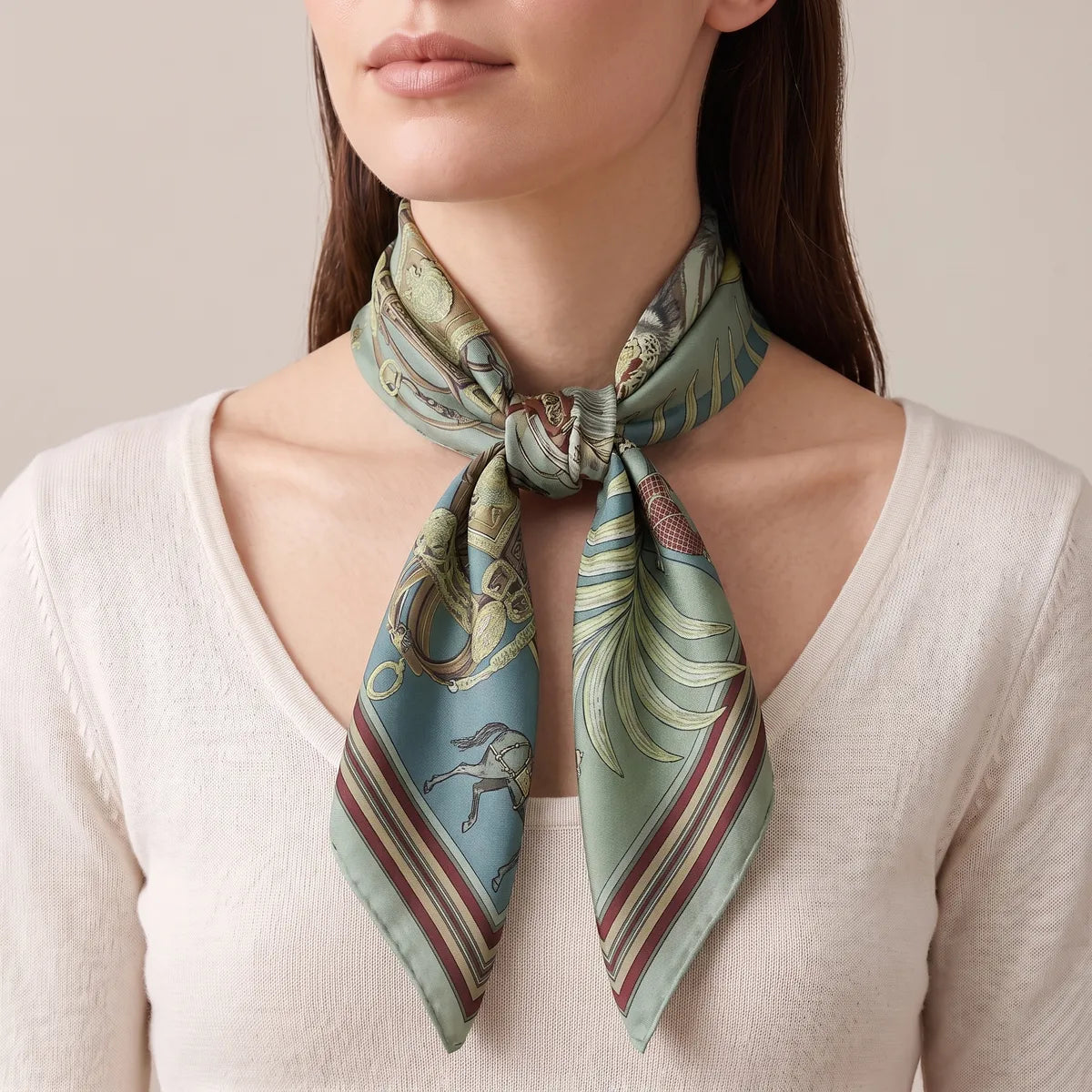 Woman wearing the green horse print scarf tied in a front knot at the neck, striped ends in front