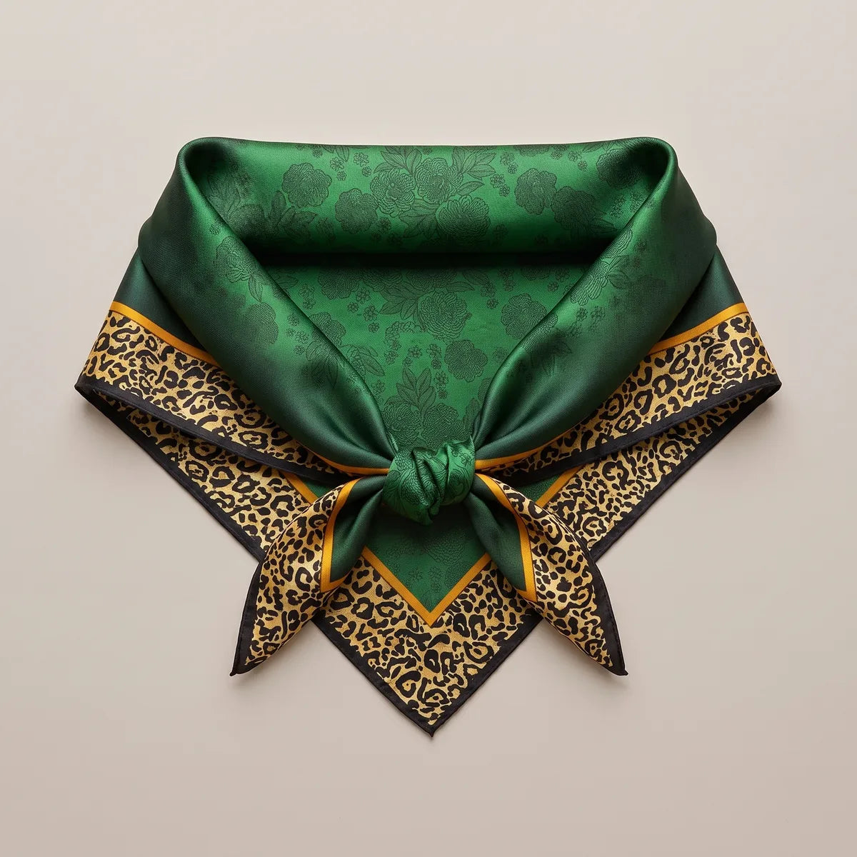 Deep green silk square knotted at the front and laid flat, the leopard border forming a V below the knot