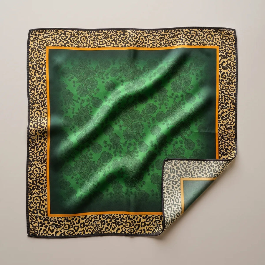 Green Leopard Border Silk Square Scarf Leopard Frame