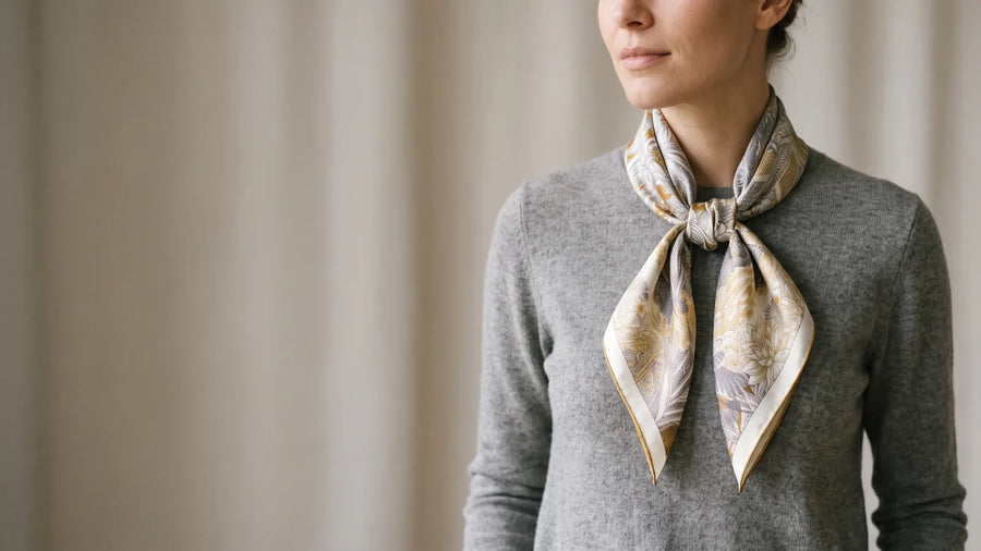 Gray tropical print silk square scarf knotted at the neck over a gray sweater