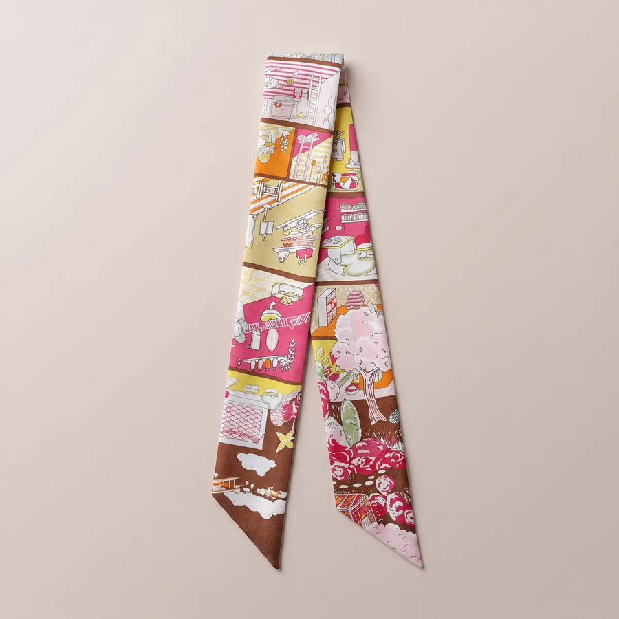 Hot Pink House Print Skinny Silk Scarf House Sketch