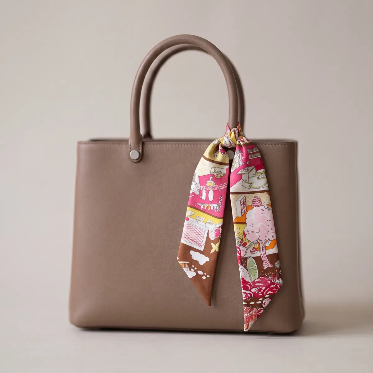 Hot pink house print skinny silk scarf knotted on the handle of a taupe bag