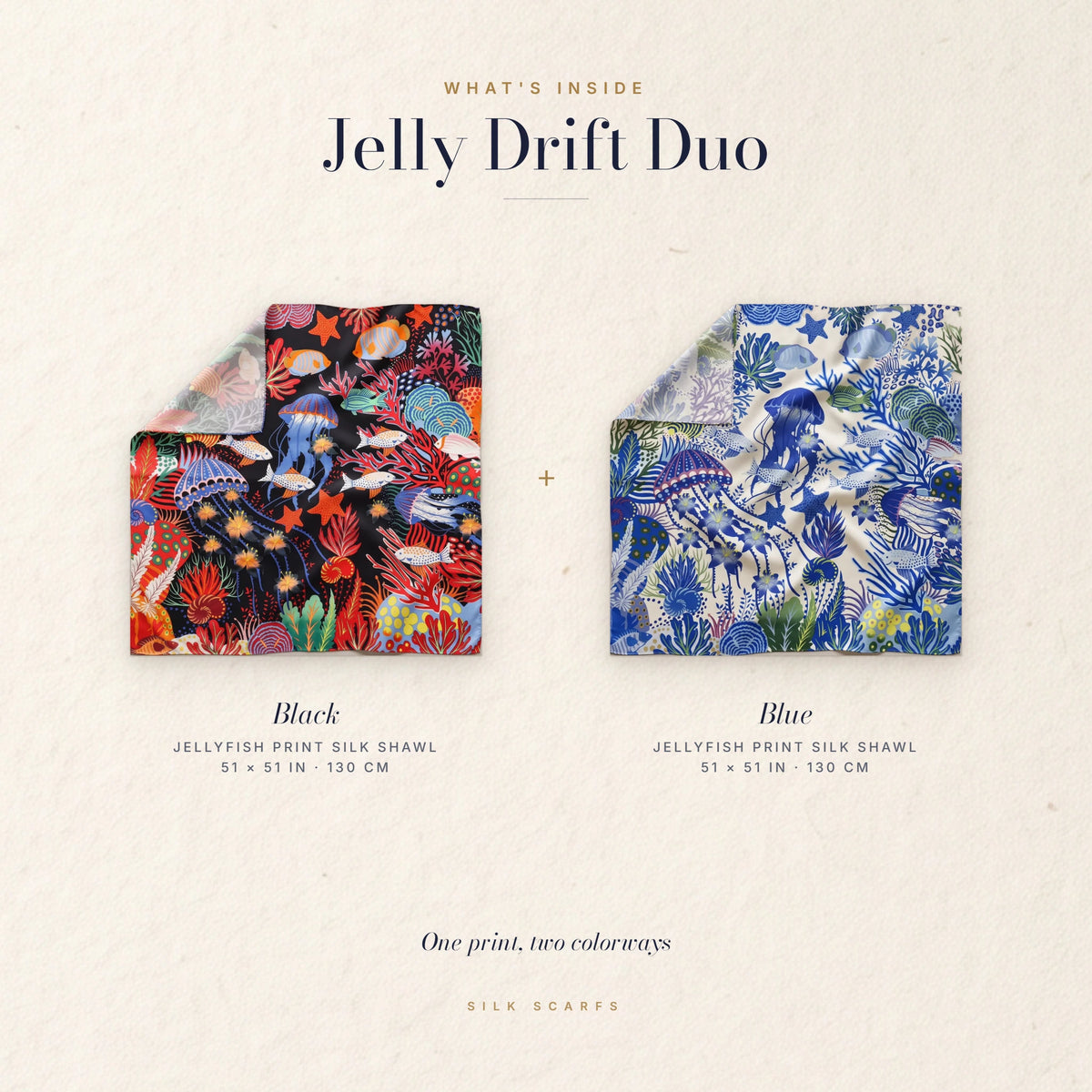 What's inside the Jelly Drift Duo: black and blue jellyfish print silk shawls, each 51 × 51 in
