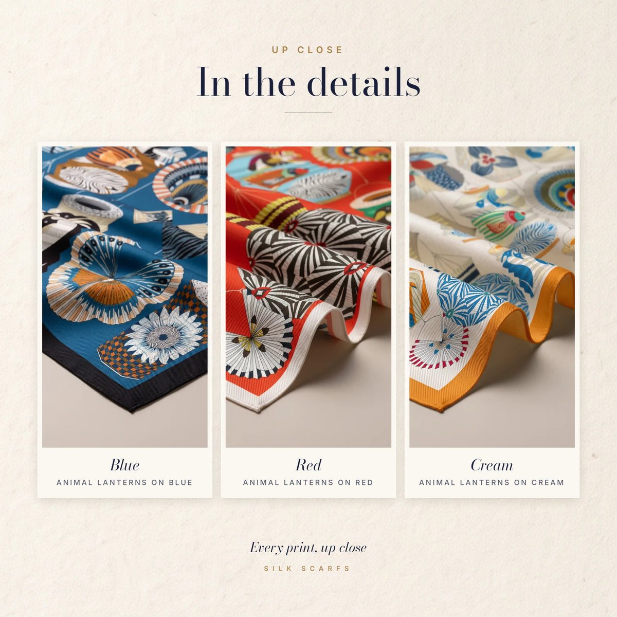 Close-ups of the lantern print and its edges: navy on blue, cream on red, orange on cream