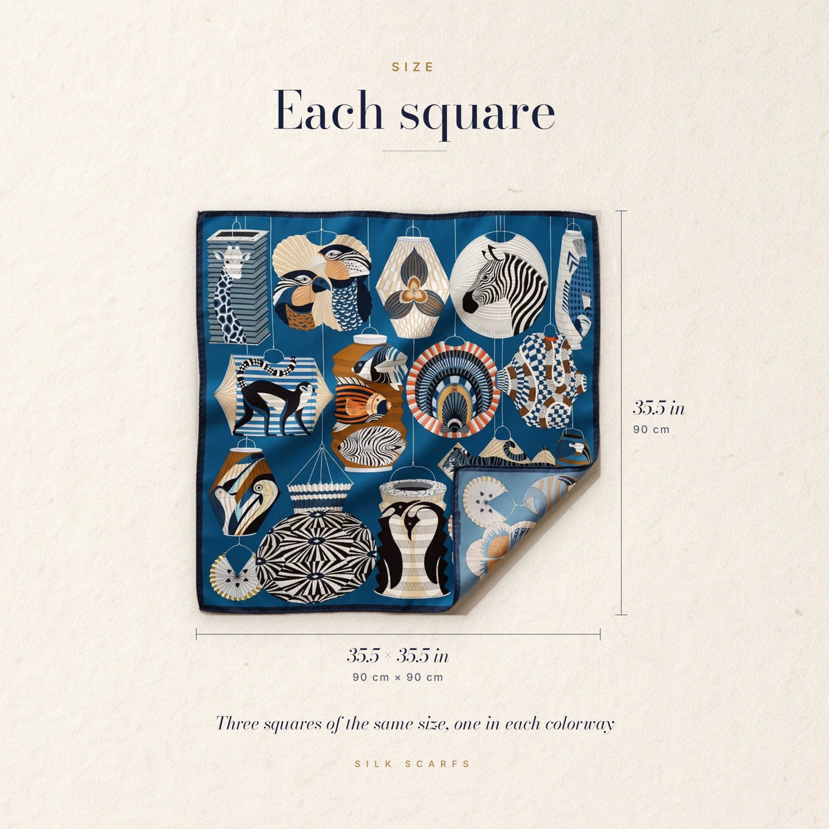 Blue lantern print silk square scarf measured at 35.5 × 35.5 in (90 × 90 cm)