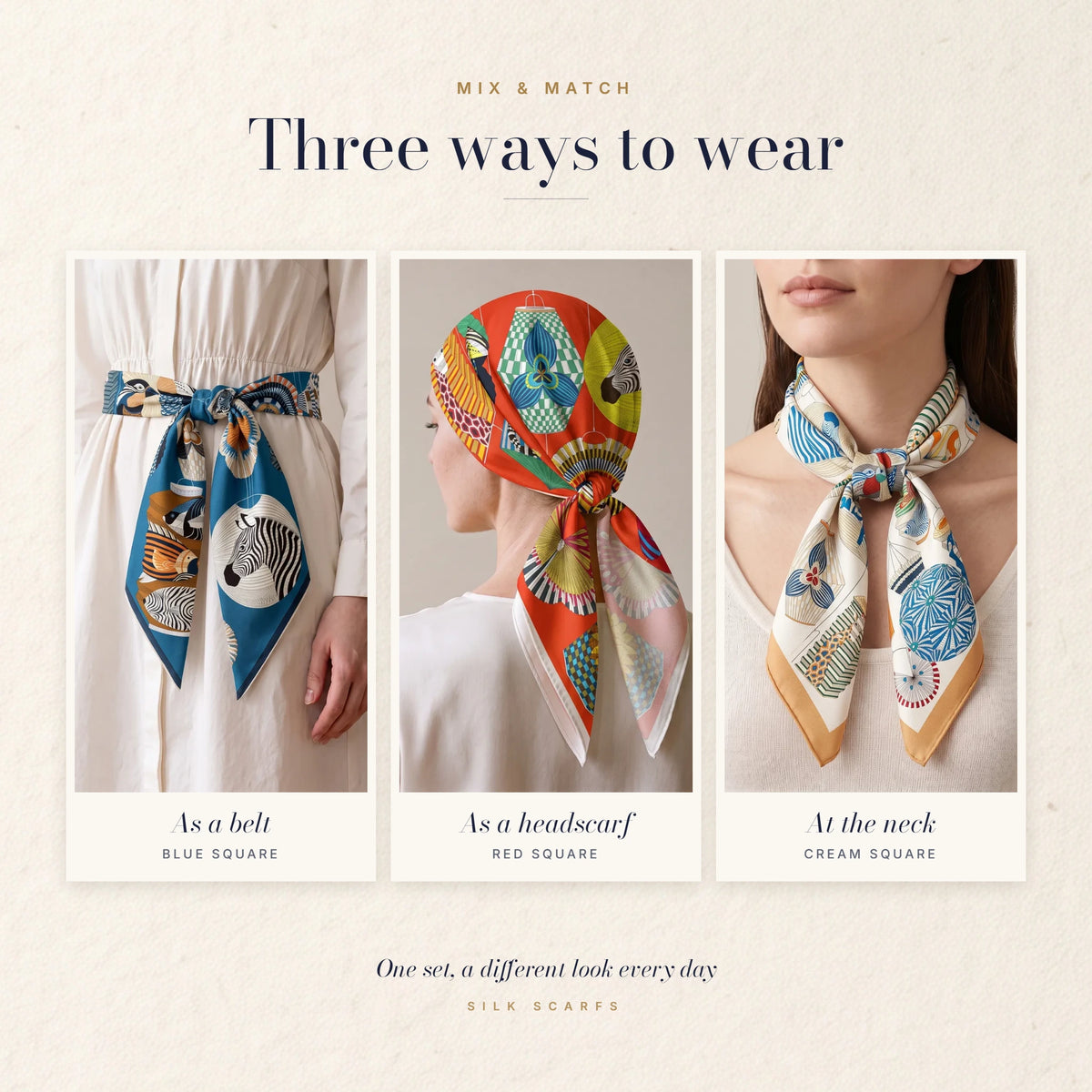 Lantern squares worn as a belt, tied over the hair as a headscarf and knotted at the neck