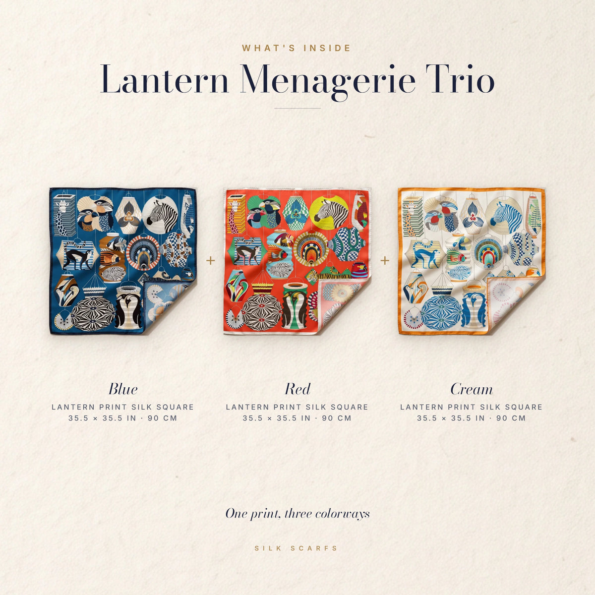What's inside the Lantern Menagerie Trio: blue, red and cream lantern squares, 35.5 × 35.5 in each