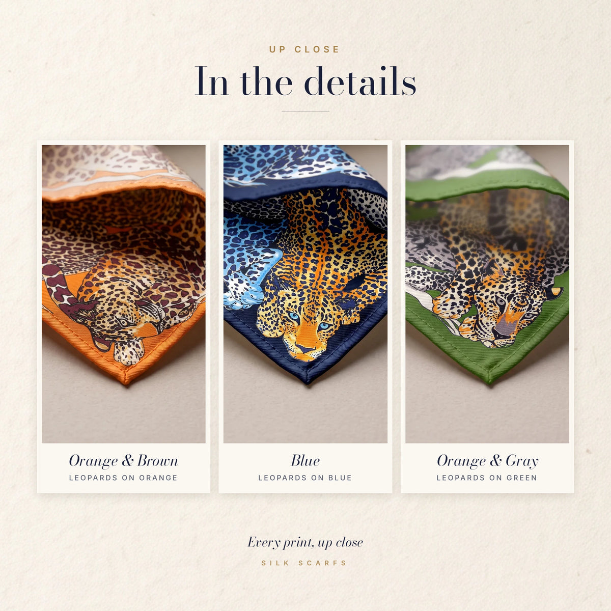 Close-ups of leopards on orange, on blue and on green from the three shawls in the set