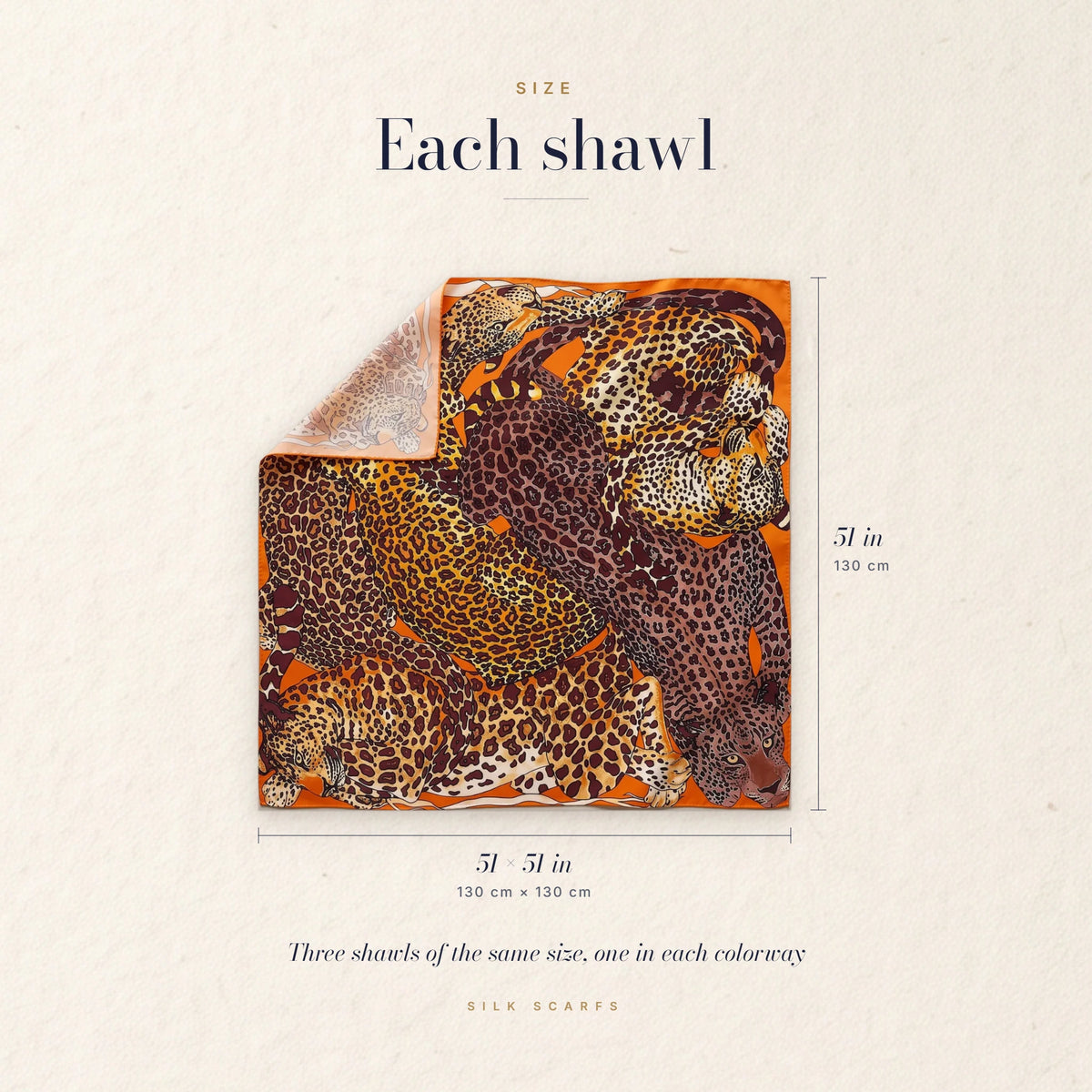 Orange and brown leopard print shawl measured at 51 × 51 in (130 × 130 cm)