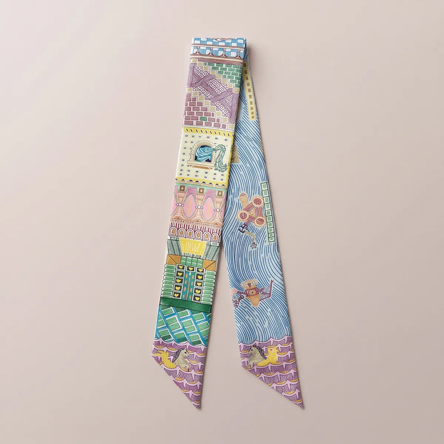 Light Blue Architecture Skinny Silk & Satin Scarf Canal Facades