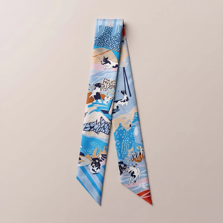 Light Blue Dog Print Skinny Silk Scarf Terrier Jungle