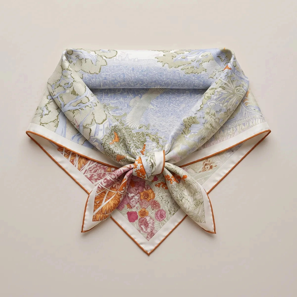 Pastel landscape silk square knotted into a neckerchief shape, pink flowers at the point