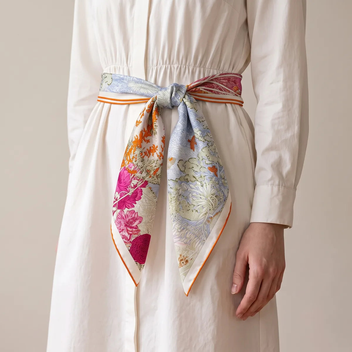 Pastel garden silk scarf tied at the waist of a white shirtdress, pink flowers on the tails