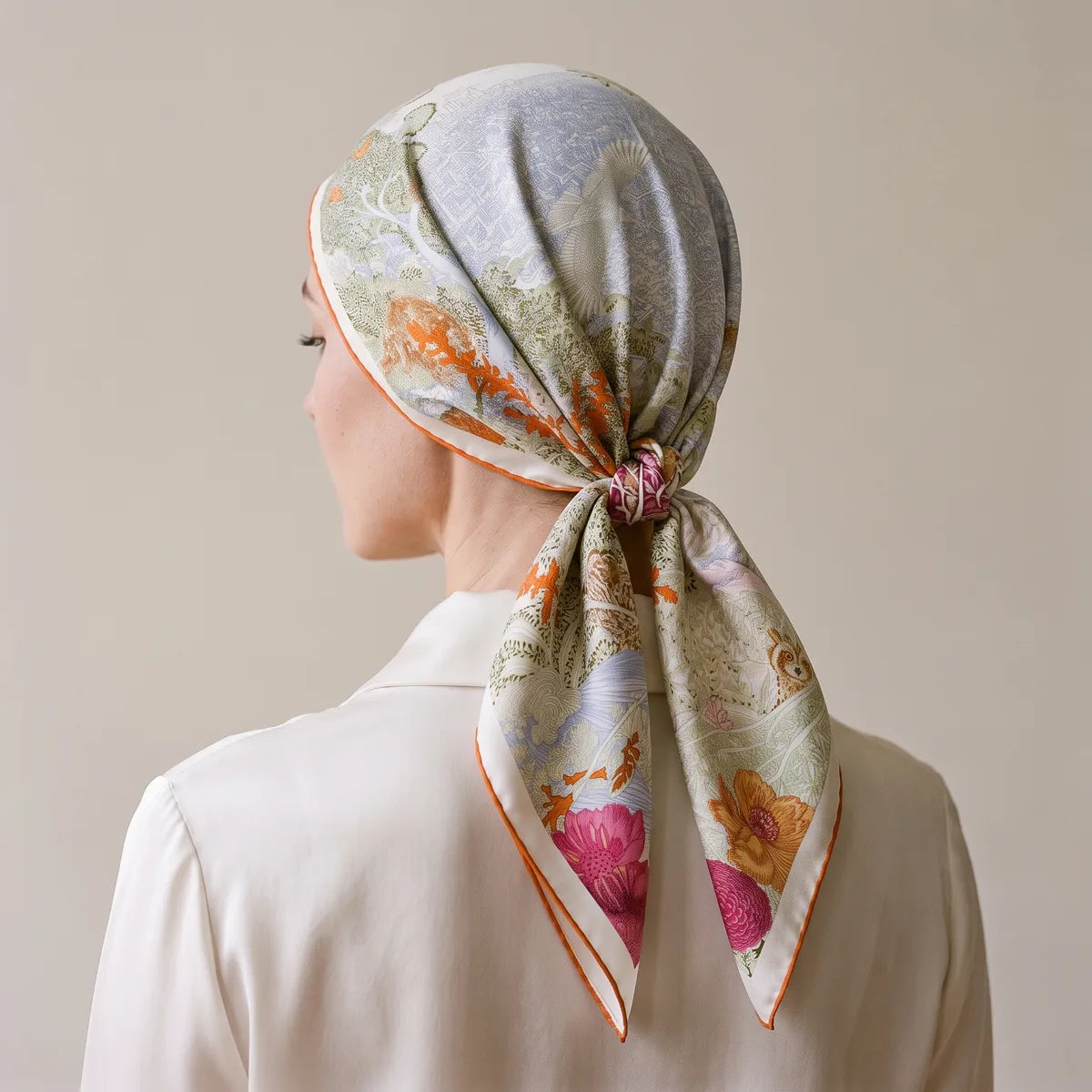 Pastel garden scarf worn over the hair and knotted at the nape, seen from behind