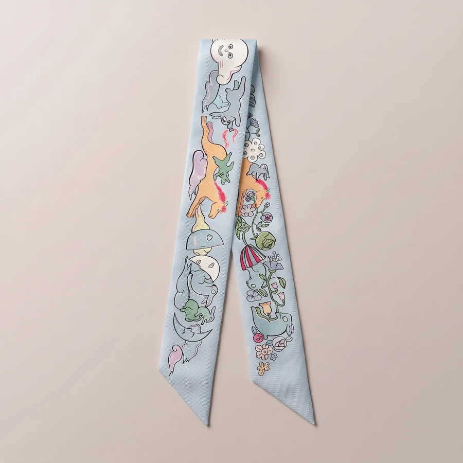 Light Blue Moon Print Skinny Silk Scarf Moon Parade
