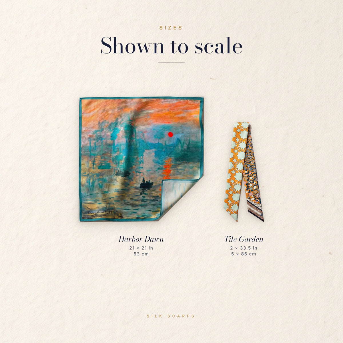 The bandana and the skinny scarf of the hair duo shown to scale with their measurements