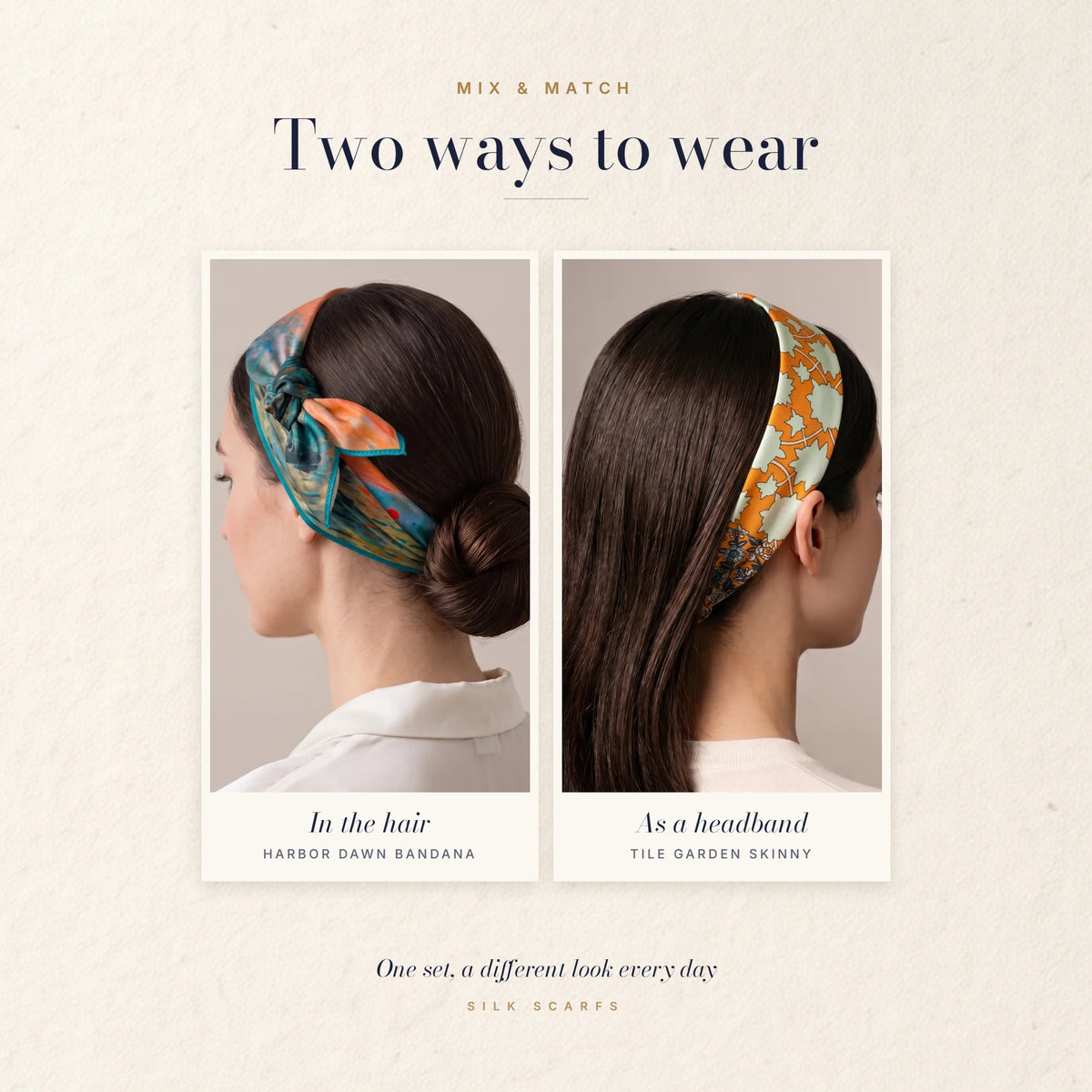 Sunrise bandana tied in the hair and floral skinny scarf worn as a headband