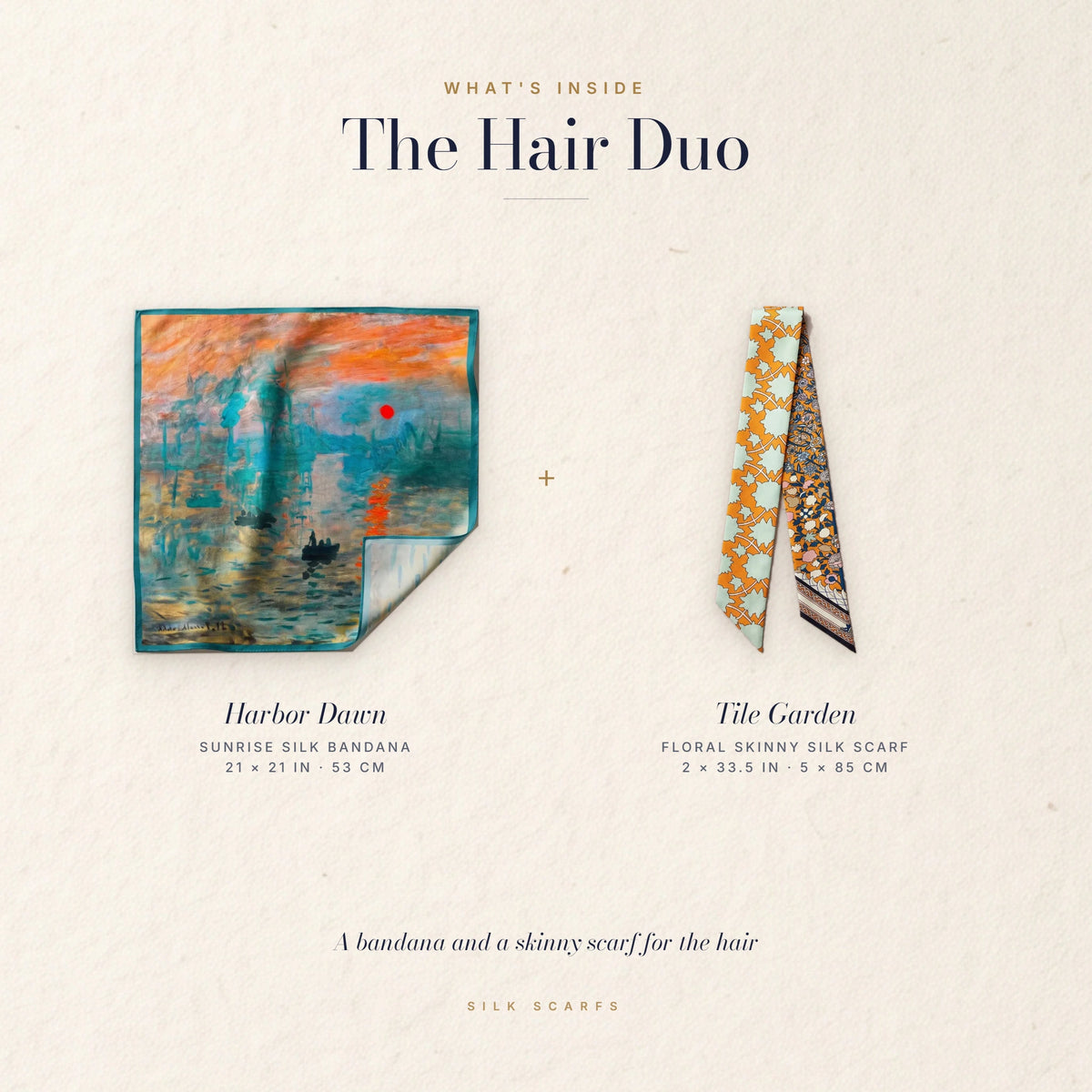 What's inside The Hair Duo: the Harbor Dawn sunrise bandana and the Tile Garden skinny scarf, with sizes