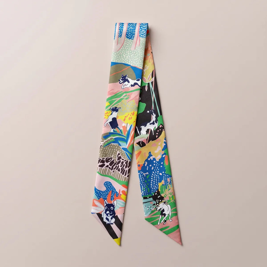 Multicolor Dog Print Skinny Silk Scarf Terrier Jungle
