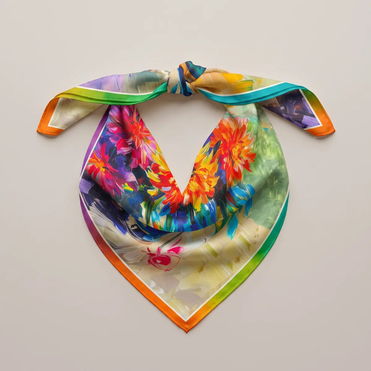 Colorful painted-bouquet silk bandana tied at two corners, its gradient edge running around the triangle