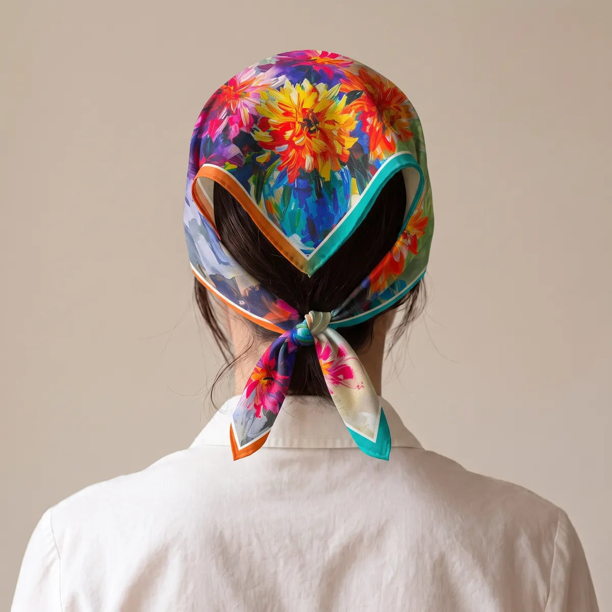 Rainbow-edged silk bandana with a flower bouquet worn as a kerchief, knotted at the nape over a white shirt