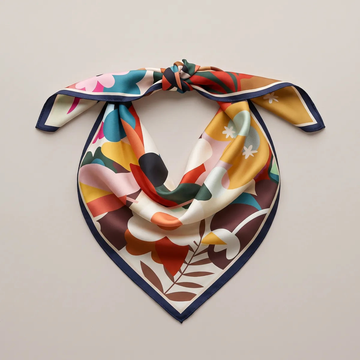 Retro flower bandana with a top knot, arranged flat, teal, mustard and cream shapes in the drape