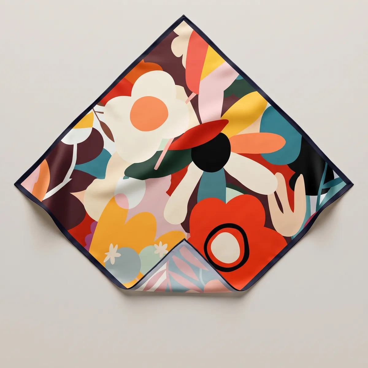 Multicolor retro floral silk bandana spread on its point, a red-orange bloom and cream petals, navy edge