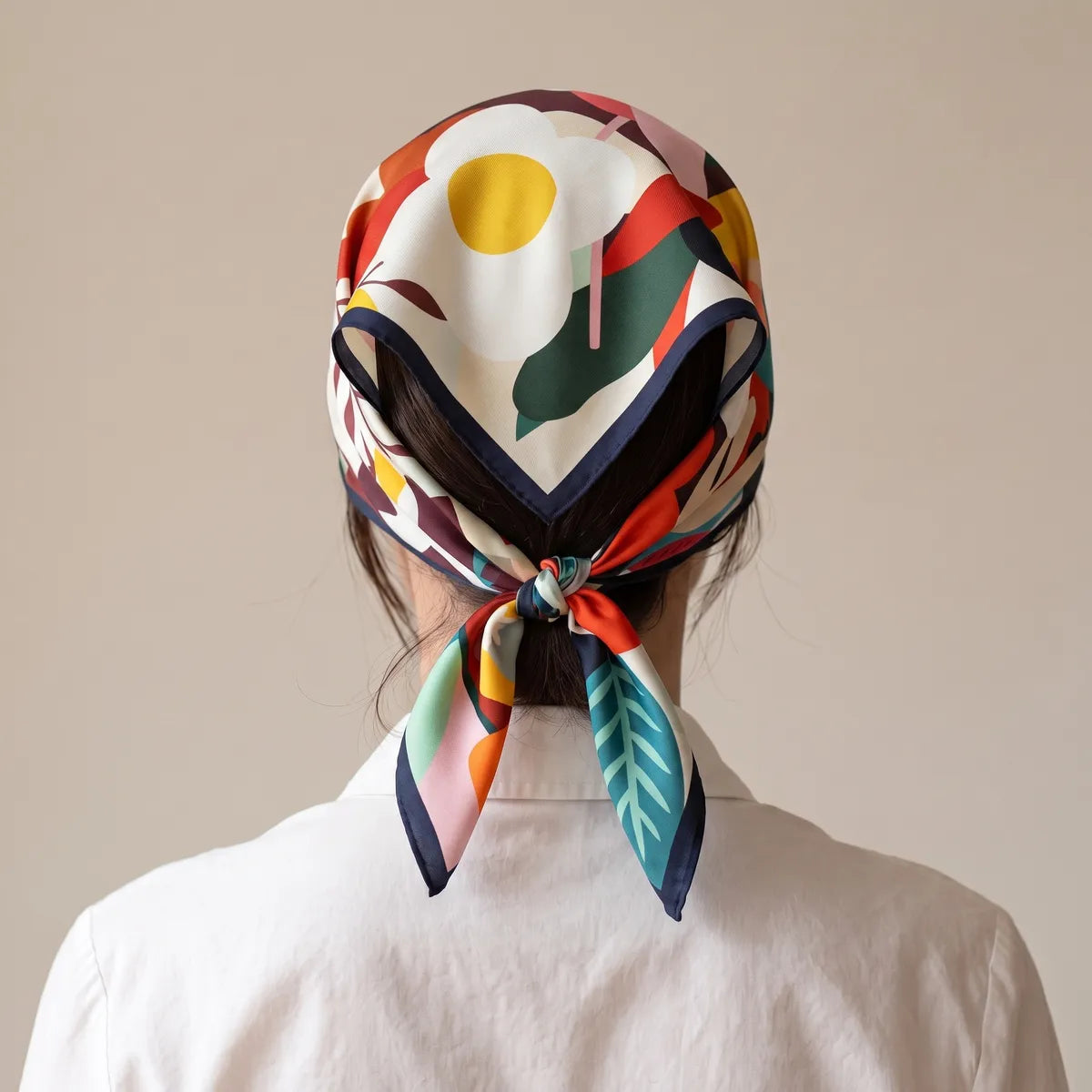 Back view of the retro floral bandana covering the hair, the corners knotted low at the nape