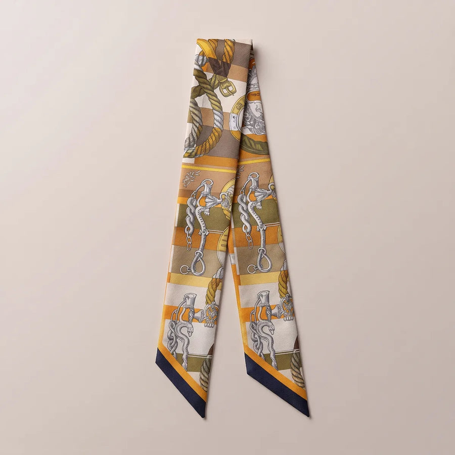 Mustard Chain Print Skinny Silk Scarf Chain Bands