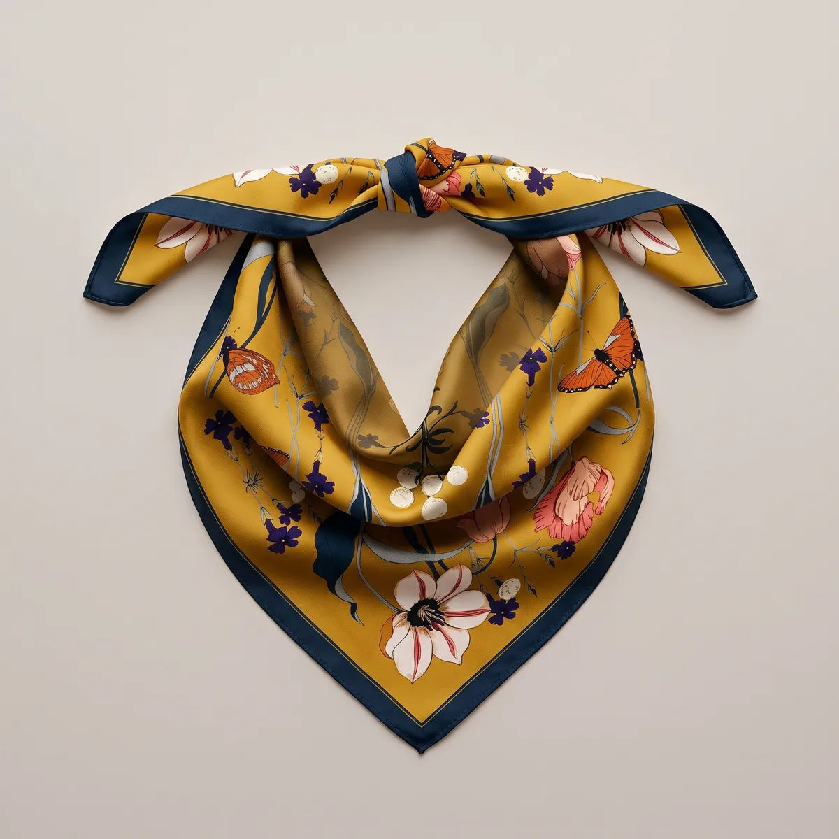 Mustard silk bandana knotted into a loop, a white lily and two orange butterflies on the front triangle